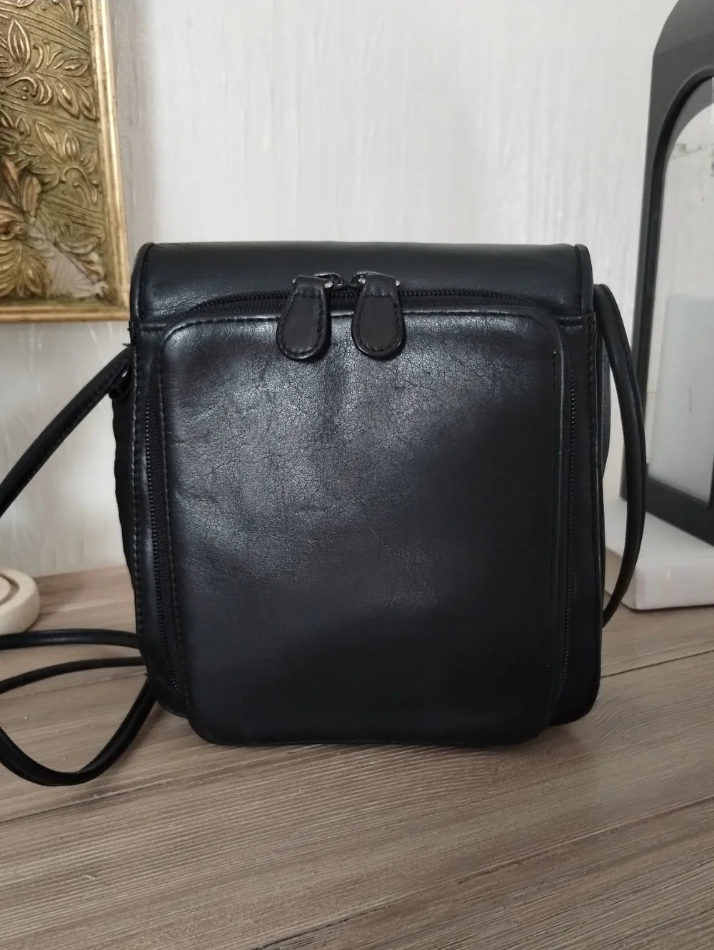 Fossil Black Leather Small Multi Organizer Crossbody Bag